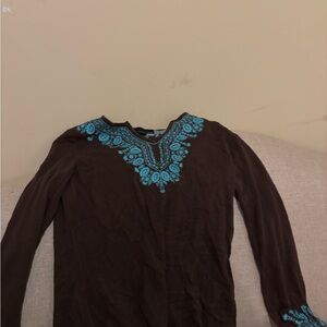 Cynthia Rowley Brown Top with Blue Embroidery